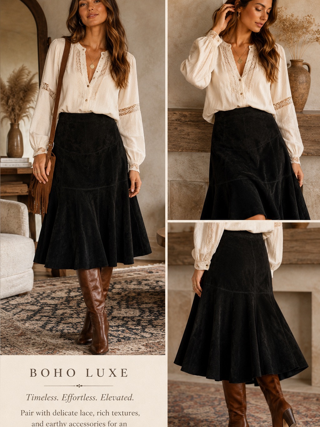 Cabi Black Genuine Suede Leather Flounce Midi Skirt Size 8